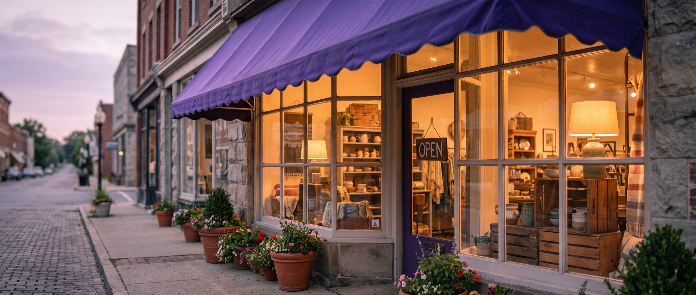 A welcoming local boutique storefront with a purple awning and an OPEN sign in the window at dusk